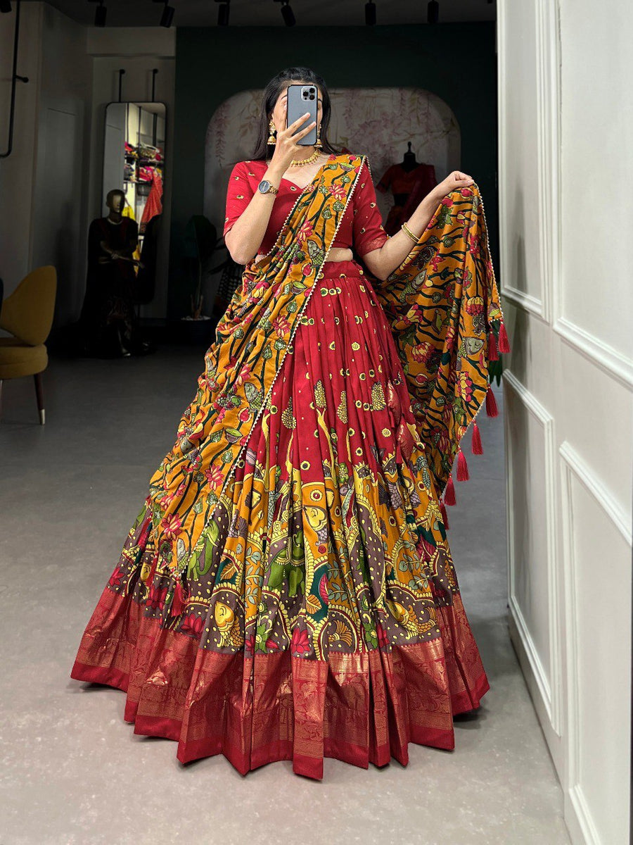 Elegant Red Pure Dolla Silk Chaniya Choli with Foil Print & Heavy Flair – Festive Special Lehenga Set 💃🔥