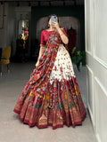 Maroon Silk Lehenga Choli Set | Cream Printed Skirt & Floral Dupatta | Navratri Garba Outfit Women | Indian Wedding Ethnic Wear