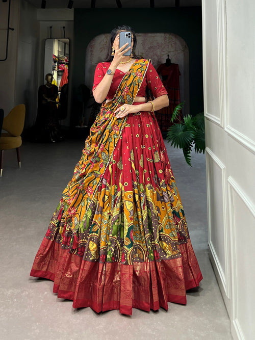 Elegant Red Pure Dolla Silk Chaniya Choli with Foil Print & Heavy Flair – Festive Special Lehenga Set 💃🔥