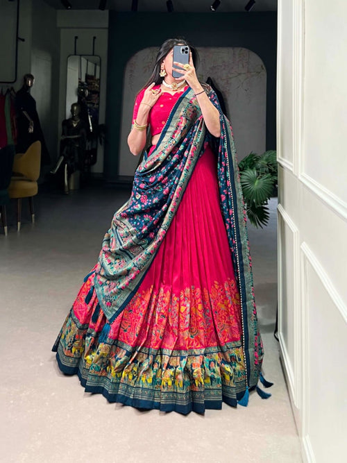 Rani Pink Lehenga Choli Set with Dark Green Dupatta | Navratri Chaniya Choli | Traditional Printed Garba Outfit | Indian Festive Wear