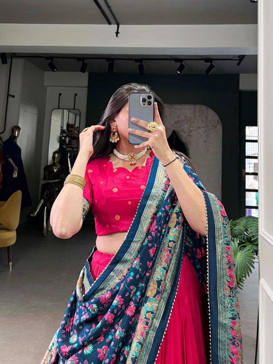 Rani Pink Lehenga Choli Set with Dark Green Dupatta | Navratri Chaniya Choli | Traditional Printed Garba Outfit | Indian Festive Wear