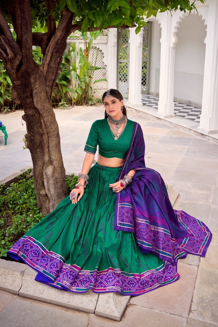 Green Purple Dolla Silk Lehenga Choli Set | Foil Print Ethnic Festive Wear