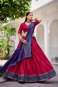Red & Navy Blue Lehenga Choli Set in Pure Dolla Silk | Navratri Chaniya Choli | Garba Outfit for Women | Foil Print Festive Ethnic Wear