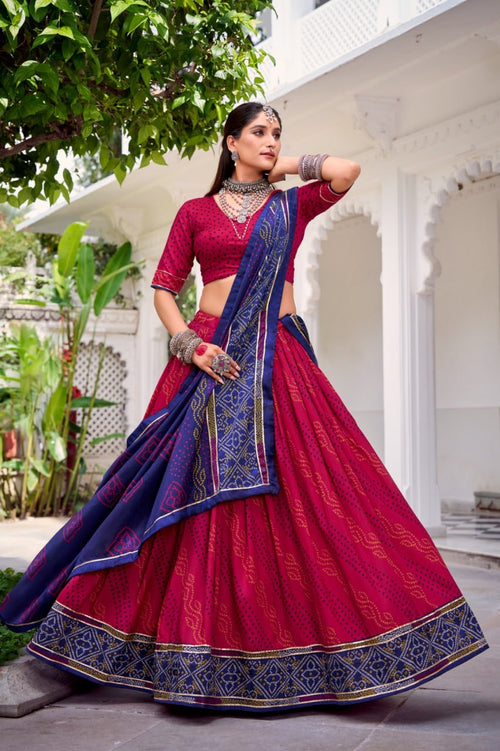Red & Navy Blue Lehenga Choli Set in Pure Dolla Silk | Navratri Chaniya Choli | Garba Outfit for Women | Foil Print Festive Ethnic Wear