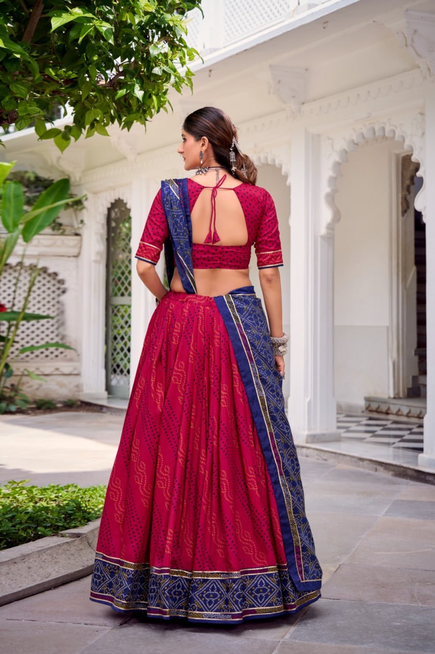 Red & Navy Blue Lehenga Choli Set in Pure Dolla Silk | Navratri Chaniya Choli | Garba Outfit for Women | Foil Print Festive Ethnic Wear