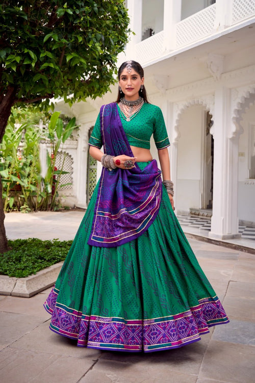 Green Purple Dolla Silk Lehenga Choli Set | Foil Print Ethnic Festive Wear