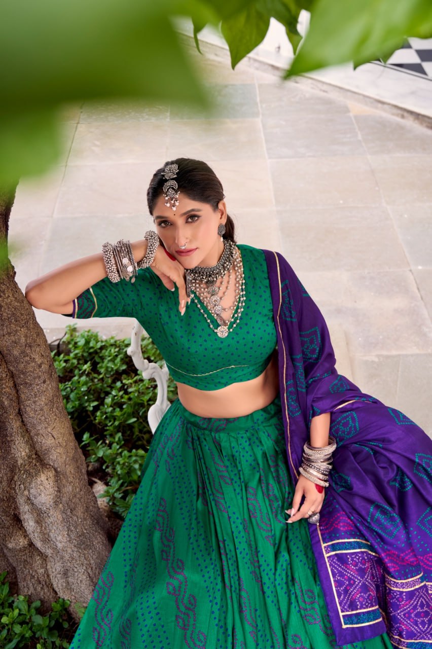 Green Purple Dolla Silk Lehenga Choli Set | Foil Print Ethnic Festive Wear