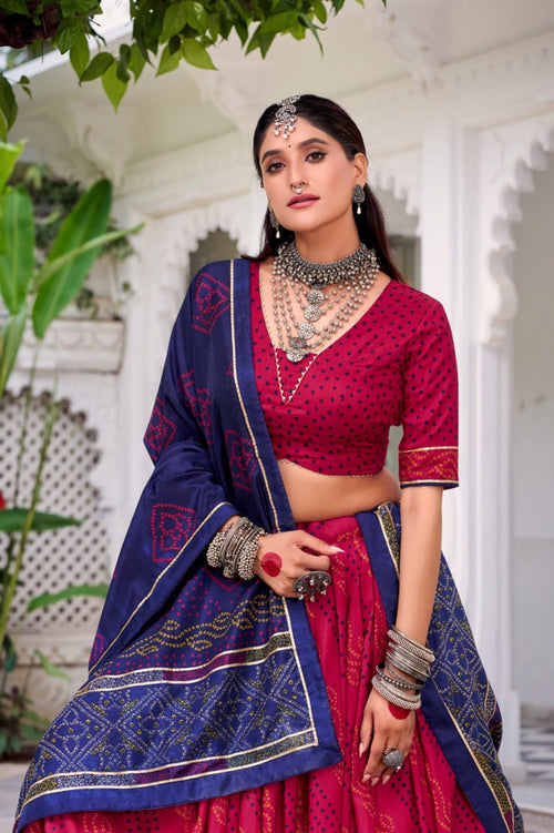 Red & Navy Blue Lehenga Choli Set in Pure Dolla Silk | Navratri Chaniya Choli | Garba Outfit for Women | Foil Print Festive Ethnic Wear