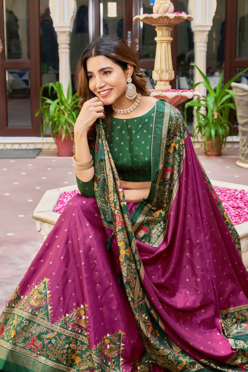 Wine & Green Lehenga Choli Set in Pure Dolla Silk | Navratri Chaniya Choli | Traditional Garba Outfit | Indian Ethnic Festive Wear for Women