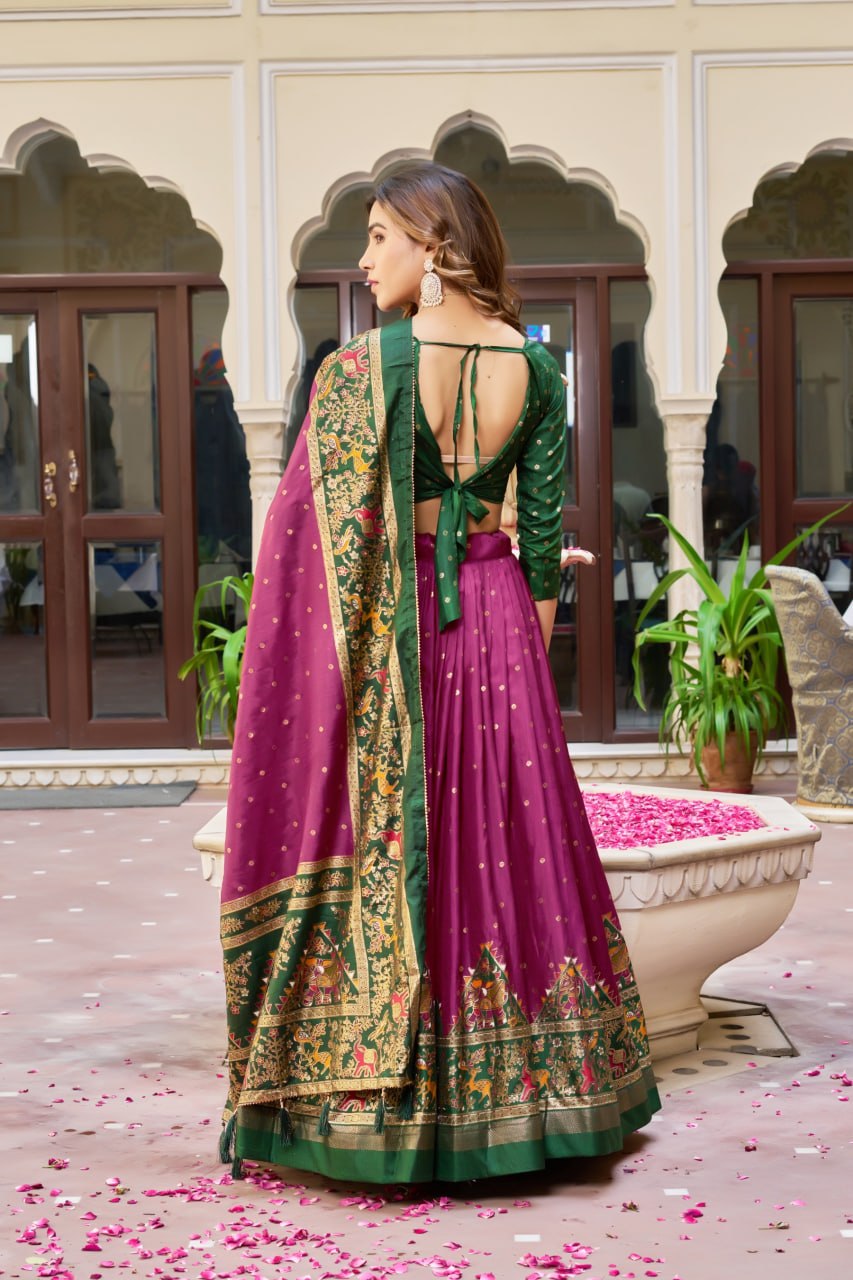Wine & Green Lehenga Choli Set in Pure Dolla Silk | Navratri Chaniya Choli | Traditional Garba Outfit | Indian Ethnic Festive Wear for Women