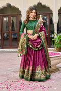 Wine & Green Lehenga Choli Set in Pure Dolla Silk | Navratri Chaniya Choli | Traditional Garba Outfit | Indian Ethnic Festive Wear for Women
