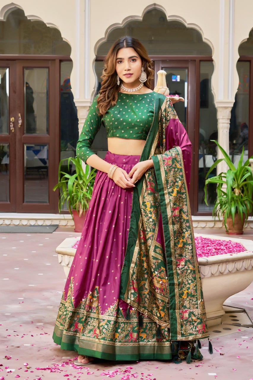 Wine & Green Lehenga Choli Set in Pure Dolla Silk | Navratri Chaniya Choli | Traditional Garba Outfit | Indian Ethnic Festive Wear for Women