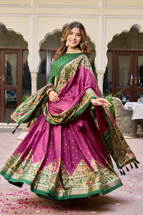 Wine & Green Lehenga Choli Set in Pure Dolla Silk | Navratri Chaniya Choli | Traditional Garba Outfit | Indian Ethnic Festive Wear for Women