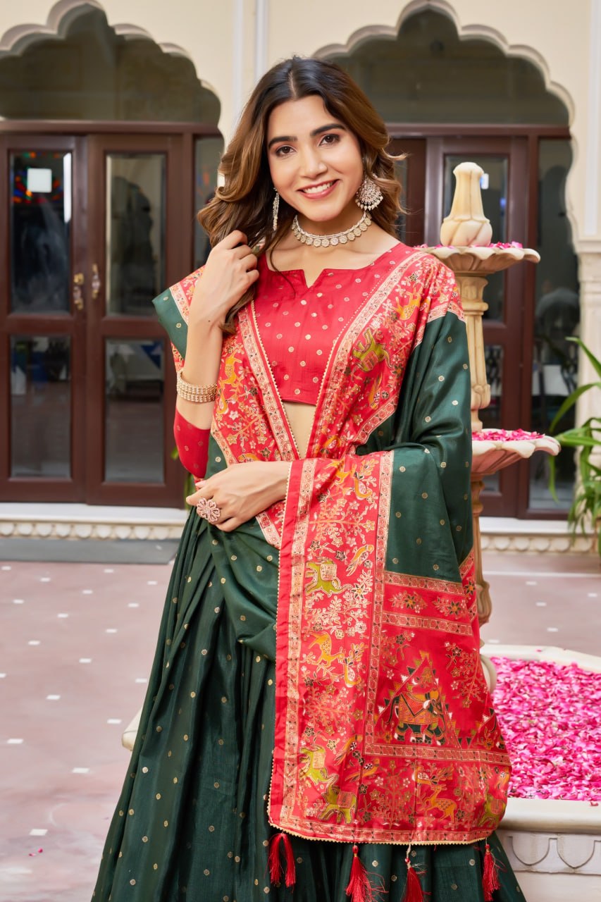 Red Green Lehenga Choli Set in Pure Dolla Silk | Garba Outfit for Women | Foil Print Traditional Ethnic Festive Wear
