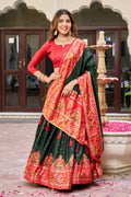 Red Green Lehenga Choli Set in Pure Dolla Silk | Garba Outfit for Women | Foil Print Traditional Ethnic Festive Wear