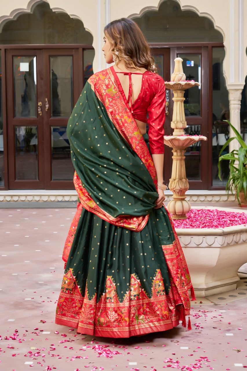 Red Green Lehenga Choli Set in Pure Dolla Silk | Garba Outfit for Women | Foil Print Traditional Ethnic Festive Wear