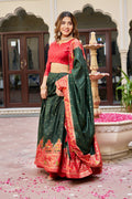 Red Green Lehenga Choli Set in Pure Dolla Silk | Garba Outfit for Women | Foil Print Traditional Ethnic Festive Wear