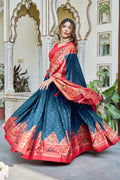 Teal Blue Red Lehenga Choli Set in Pure Dolla Silk | Navratri Chaniya Choli for Women | Foil Print Garba Outfit | Indian Ethnic Festive Wear