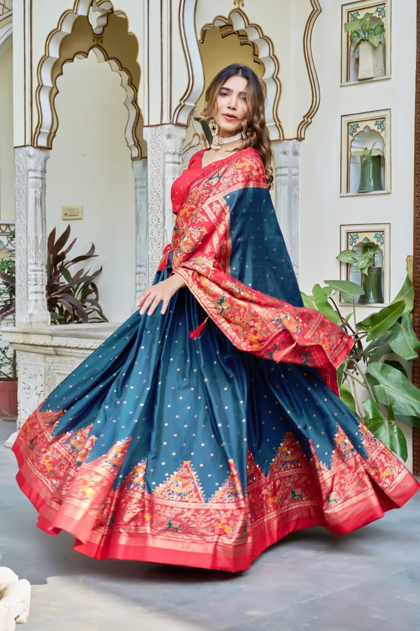 Teal Blue Red Lehenga Choli Set in Pure Dolla Silk | Navratri Chaniya Choli for Women | Foil Print Garba Outfit | Indian Ethnic Festive Wear
