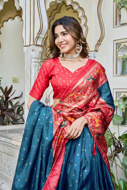 Teal Blue Red Lehenga Choli Set in Pure Dolla Silk | Navratri Chaniya Choli for Women | Foil Print Garba Outfit | Indian Ethnic Festive Wear