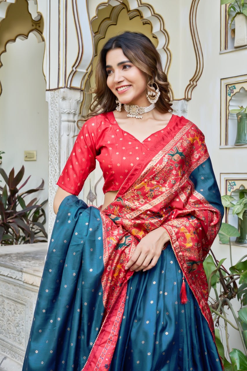 Teal Blue Red Lehenga Choli Set in Pure Dolla Silk | Navratri Chaniya Choli for Women | Foil Print Garba Outfit | Indian Ethnic Festive Wear