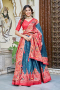 Teal Blue Red Lehenga Choli Set in Pure Dolla Silk | Navratri Chaniya Choli for Women | Foil Print Garba Outfit | Indian Ethnic Festive Wear