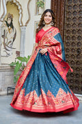 Teal Blue Red Lehenga Choli Set in Pure Dolla Silk | Navratri Chaniya Choli for Women | Foil Print Garba Outfit | Indian Ethnic Festive Wear