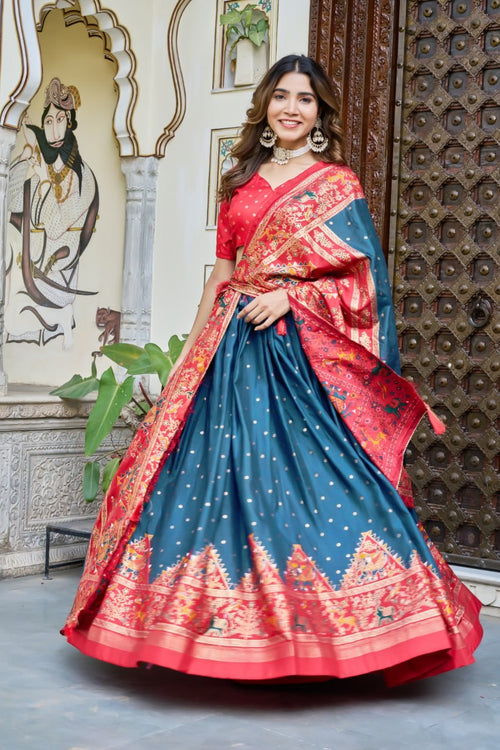 Teal Blue Red Lehenga Choli Set in Pure Dolla Silk | Navratri Chaniya Choli for Women | Foil Print Garba Outfit | Indian Ethnic Festive Wear