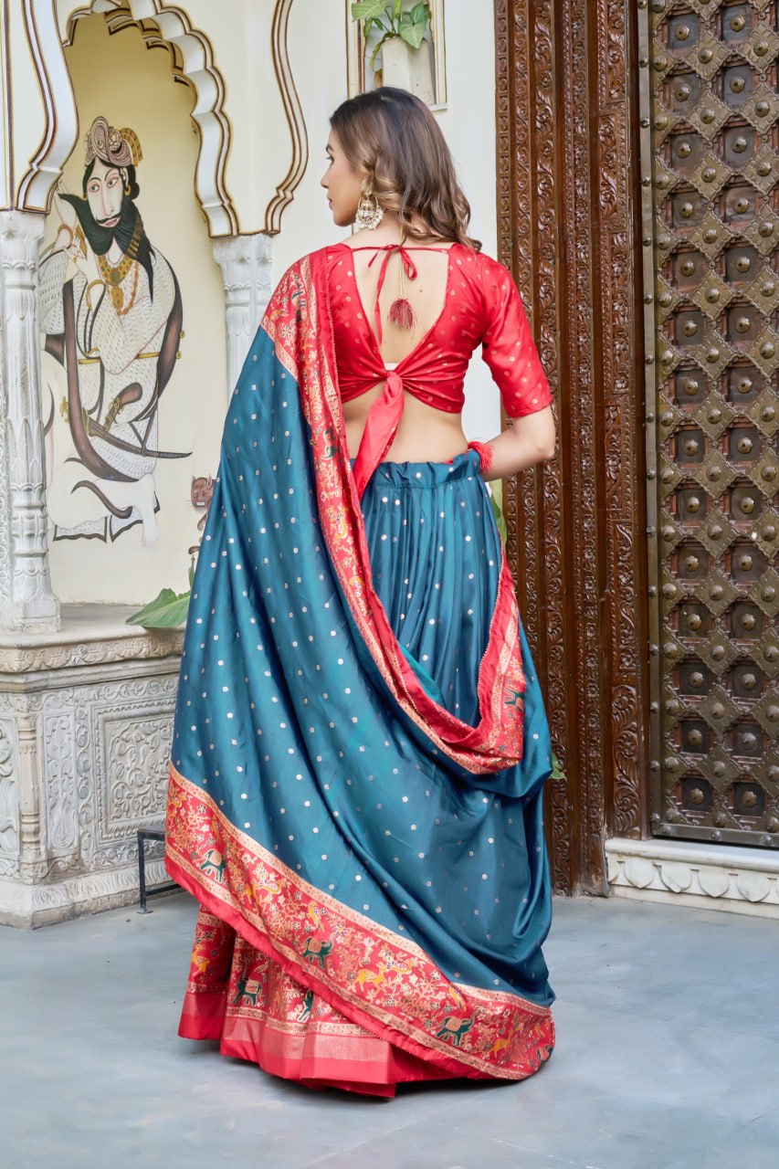 Teal Blue Red Lehenga Choli Set in Pure Dolla Silk | Navratri Chaniya Choli for Women | Foil Print Garba Outfit | Indian Ethnic Festive Wear