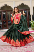 Red Green Lehenga Choli Set in Pure Dolla Silk | Garba Outfit for Women | Foil Print Traditional Ethnic Festive Wear