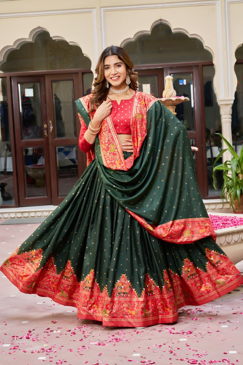 Red Green Lehenga Choli Set in Pure Dolla Silk | Garba Outfit for Women | Foil Print Traditional Ethnic Festive Wear