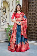 Teal Blue Red Lehenga Choli Set in Pure Dolla Silk | Navratri Chaniya Choli for Women | Foil Print Garba Outfit | Indian Ethnic Festive Wear