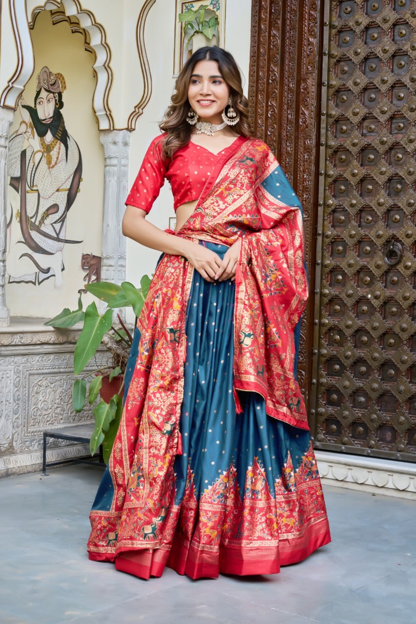 Teal Blue Red Lehenga Choli Set in Pure Dolla Silk | Navratri Chaniya Choli for Women | Foil Print Garba Outfit | Indian Ethnic Festive Wear