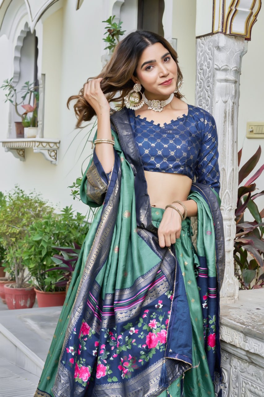 Green & Navy Blue Lehenga Choli Set in Pure Dolla Silk | Floral Border Navratri Chaniya Choli | Indian Ethnic Festive Wear