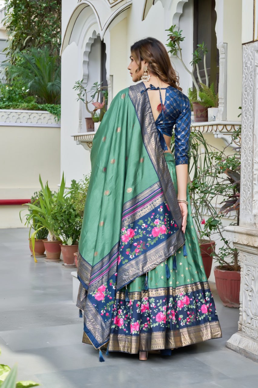 Green & Navy Blue Lehenga Choli Set in Pure Dolla Silk | Floral Border Navratri Chaniya Choli | Indian Ethnic Festive Wear