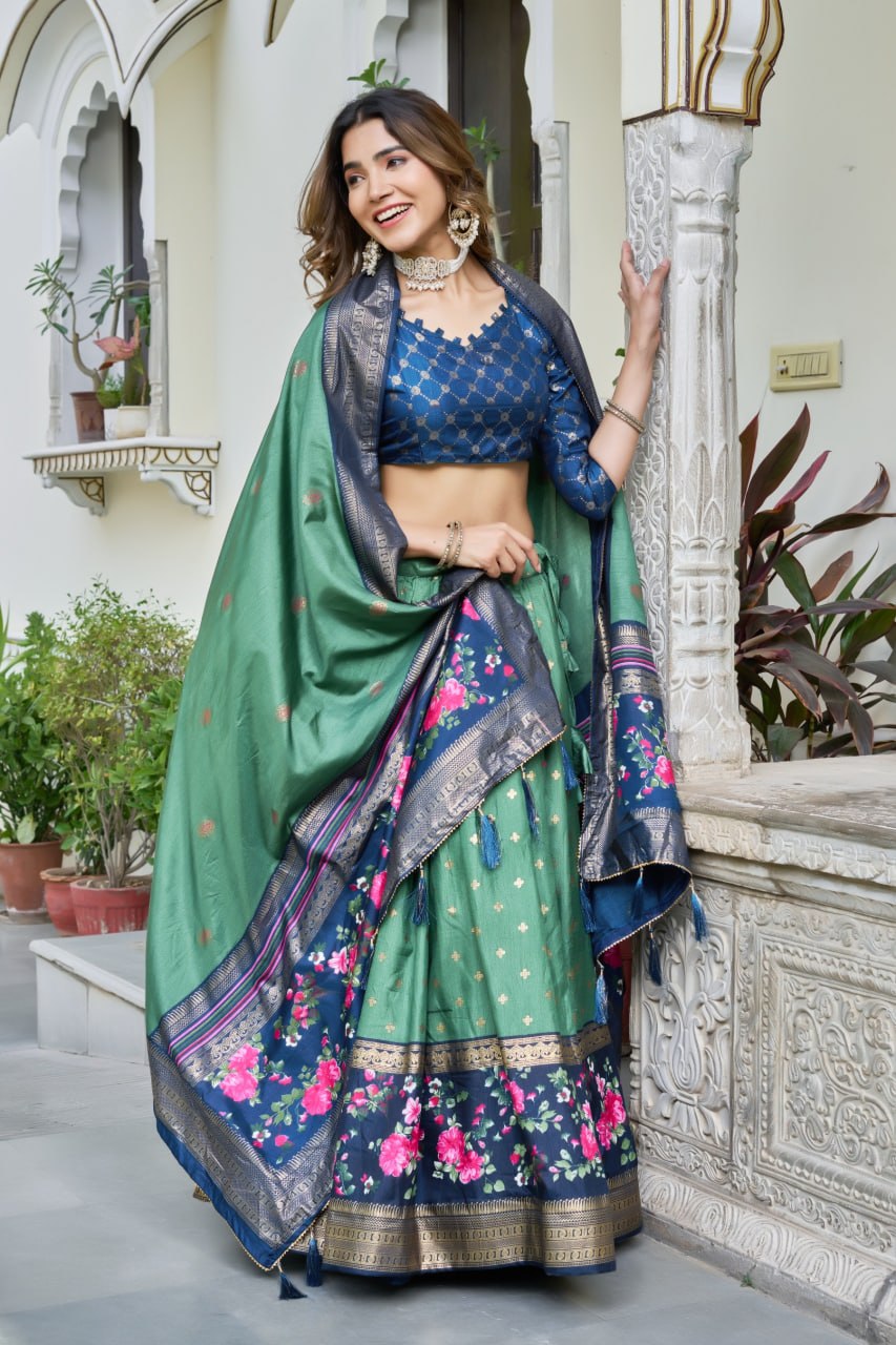 Green & Navy Blue Lehenga Choli Set in Pure Dolla Silk | Floral Border Navratri Chaniya Choli | Indian Ethnic Festive Wear