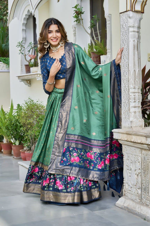 Green & Navy Blue Lehenga Choli Set in Pure Dolla Silk | Floral Border Navratri Chaniya Choli | Indian Ethnic Festive Wear