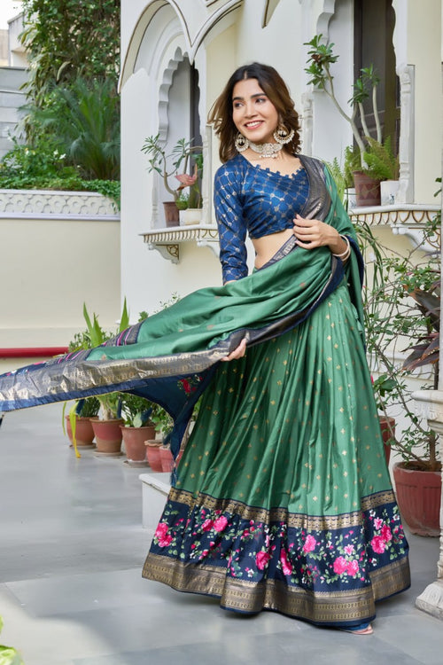 Green & Navy Blue Lehenga Choli Set in Pure Dolla Silk | Floral Border Navratri Chaniya Choli | Indian Ethnic Festive Wear