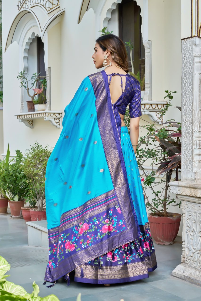 Teal Blue & Purple Dolla Silk Chaniya Choli Set | Navratri Lehenga Choli | Foil Print Lehenga | Indian Traditional Wear