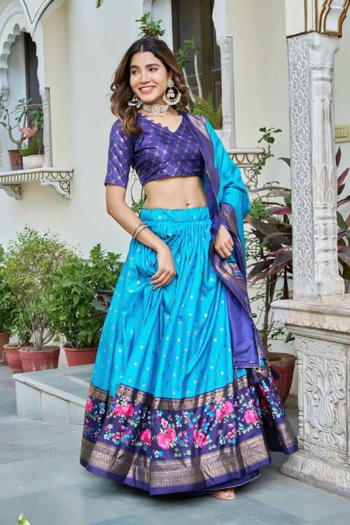 Teal Blue & Purple Dolla Silk Chaniya Choli Set | Navratri Lehenga Choli | Foil Print Lehenga | Indian Traditional Wear