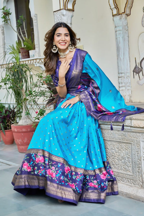 Teal Blue & Purple Dolla Silk Chaniya Choli Set | Navratri Lehenga Choli | Foil Print Lehenga | Indian Traditional Wear