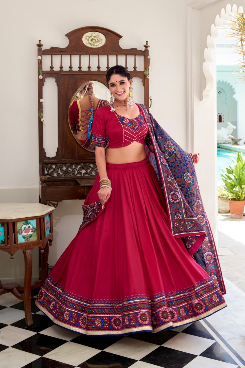 Wine Red Navratri Lehenga Choli Set | Traditional Gujarati Chaniya Choli | Embroidered Garba Outfit | Indian Festive Wear with Dupatta