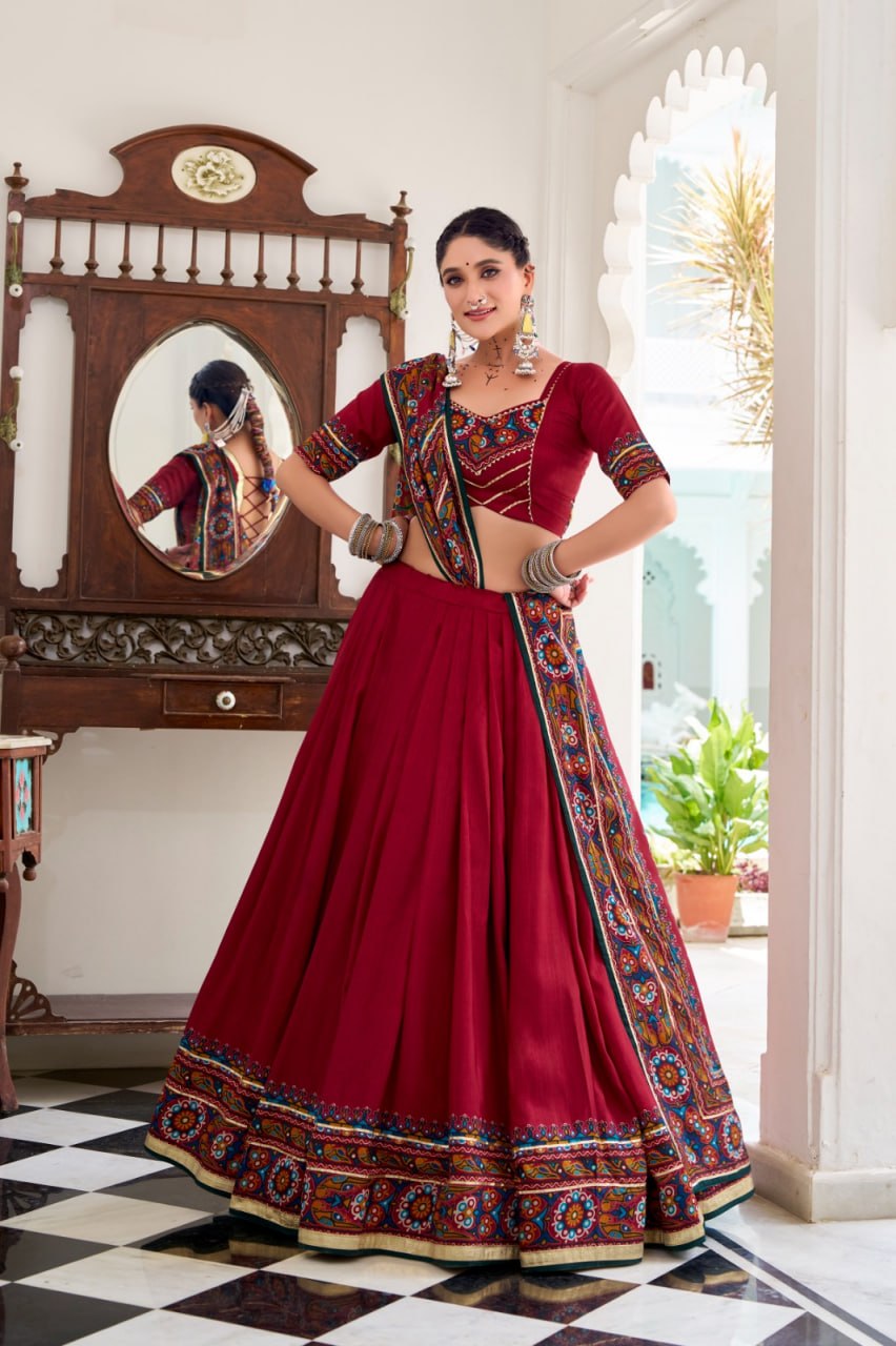 Wine Red Navratri Lehenga Choli Set | Traditional Gujarati Chaniya Choli | Embroidered Garba Outfit | Indian Festive Wear with Dupatta