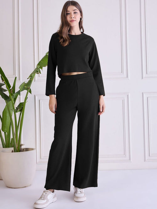 Chic Black Co-ord Set | Women’s Full Sleeve Crop Top & Flowy Pants
