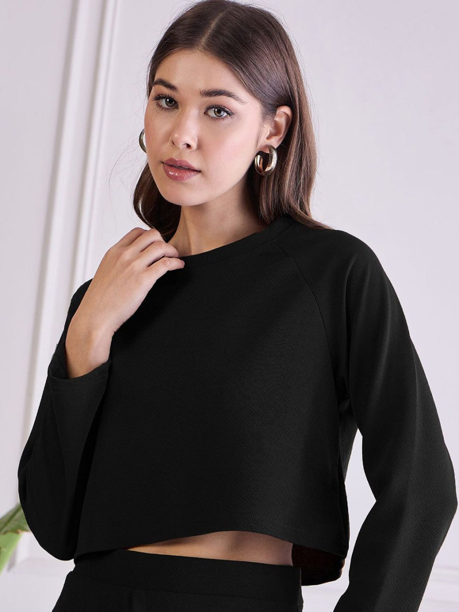 Chic Black Co-ord Set | Women’s Full Sleeve Crop Top & Flowy Pants