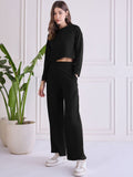Chic Black Co-ord Set | Women’s Full Sleeve Crop Top & Flowy Pants