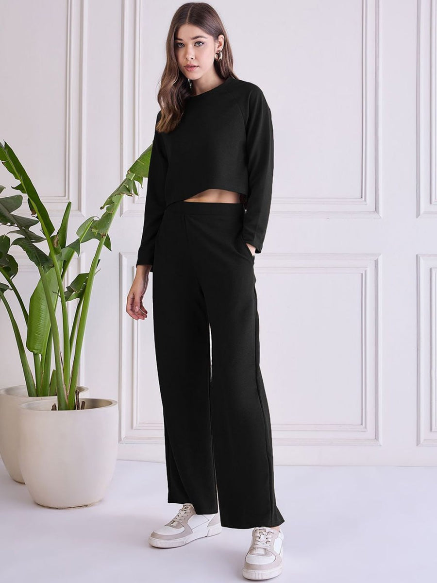 Chic Black Co-ord Set | Women’s Full Sleeve Crop Top & Flowy Pants