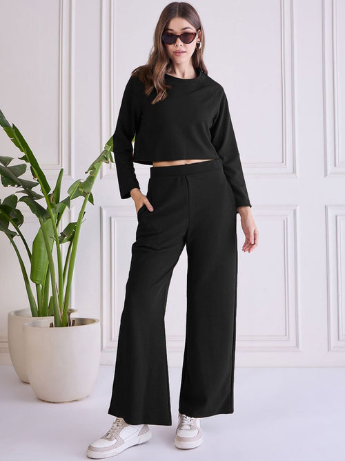 Chic Black Co-ord Set | Women’s Full Sleeve Crop Top & Flowy Pants