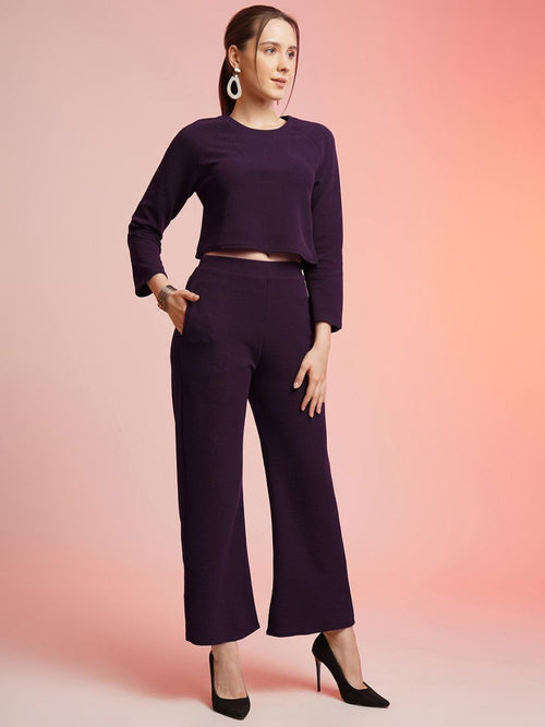 Classy Plum Co-ord Set for Women | Crop Top & High Waist Pants