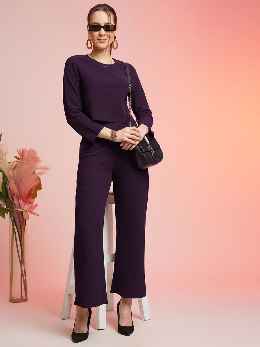 Classy Plum Co-ord Set for Women | Crop Top & High Waist Pants